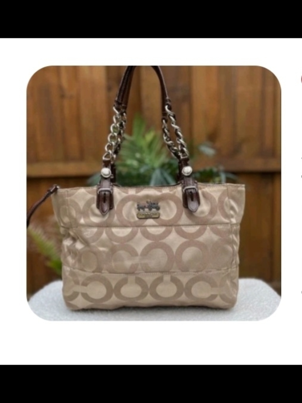 Coach Tan Signature Jacquard Tote with Brown Leather Handles